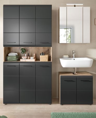 Badm�bel Set 3-teilig Cover in schwarz matt und Nox Eiche Badkombination 165 x 185 cm
