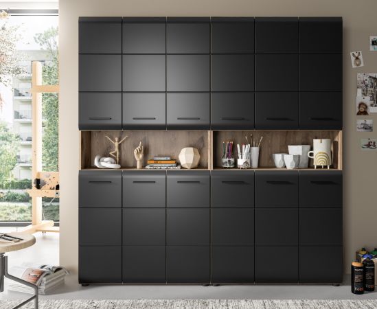 Badezimmer Hochschrank Set Cover in schwarz matt und Nox Eiche 2x Mehrzweckschrank 180 x 185 cm