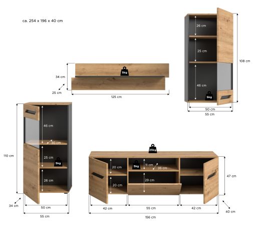 Wohnwand 4-teilig Aversa in Artisan Eiche und grau Set mit 2x Vitrine h�ngend / stehend