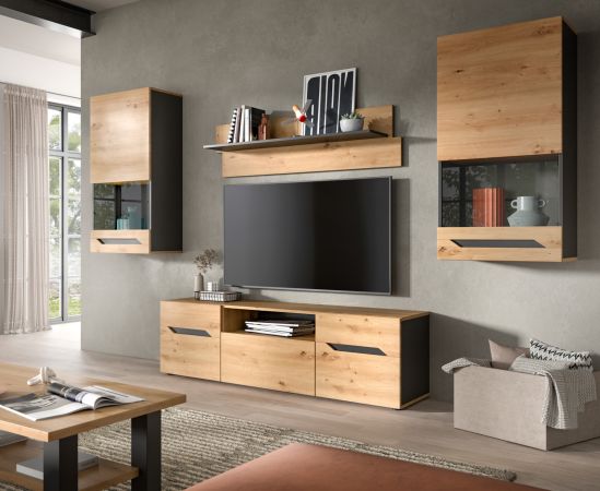 Wohnwand 4-teilig Aversa in Artisan Eiche und grau Set mit 2x Vitrine h�ngend / stehend