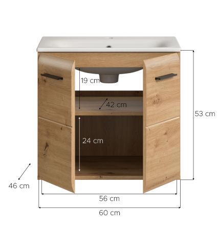 Waschtisch Cover in Artisan Eiche, Set Waschbeckenunterschrank mit Keramik Waschbecken, Breite 60 cm