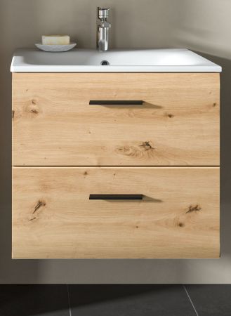 Waschtisch Cover in Artisan Eiche 60 cm, Set mit Keramik Waschbecken, Vollauszug
