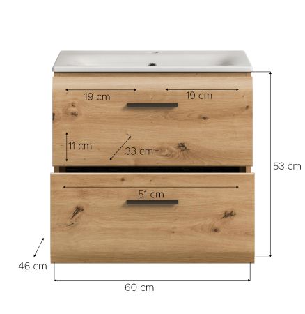 Waschtisch Cover in Artisan Eiche 60 cm, Set mit Keramik Waschbecken, Vollauszug