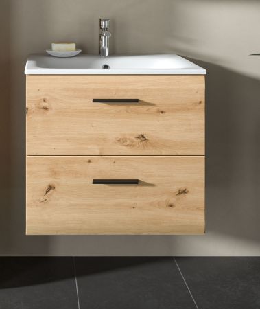 Waschtisch Cover in Artisan Eiche 60 cm, Set mit Keramik Waschbecken, Vollauszug