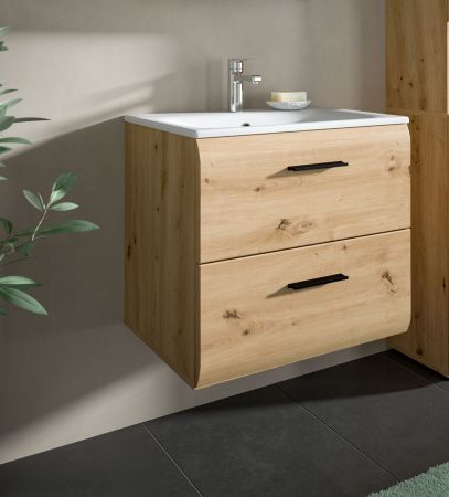 Waschtisch Cover in Artisan Eiche 60 cm, Set mit Keramik Waschbecken, Vollauszug