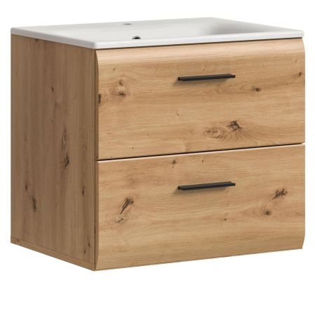 Waschtisch Cover in Artisan Eiche 60 cm, Set mit Keramik Waschbecken, Vollauszug