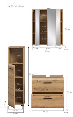 Badm�bel Set 3-teilig Cover in Artisan Eiche Badkombination 105 x 185 cm