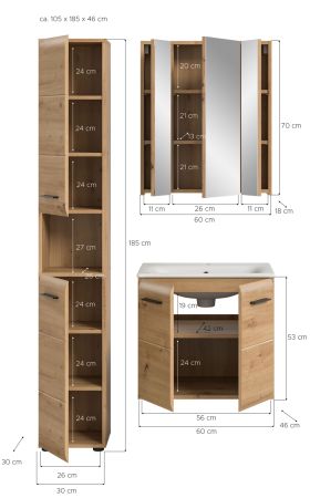 Badm�bel Set 3-teilig Cover in Artisan Eiche Badkombination 105 x 185 cm