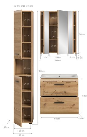 Badm�bel Set 3-teilig Cover in Artisan Eiche Badkombination 105 x 185 cm