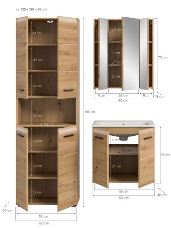 Badm�bel Set 3-teilig Cover in Artisan Eiche Badkombination 135 x 185 cm