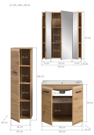 Badm�bel Set 3-teilig Cover in Artisan Eiche inklusive Keramik Waschbecken, 105 x 185 cm