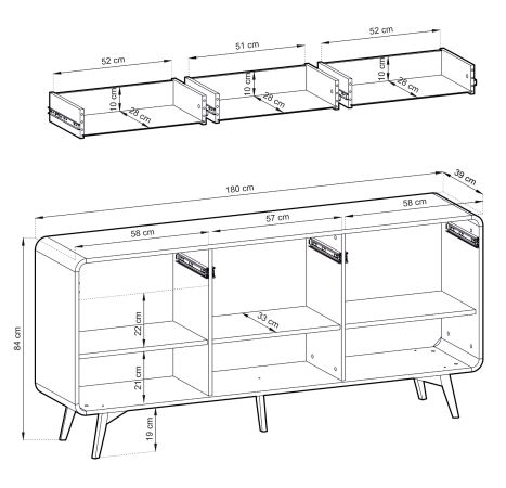 Sideboard Elverum in Eiche natur Kommode skandinavisch 180 x 84 cm, mit Push-to-Open