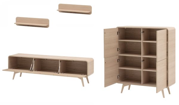 Wohnwand Elverum in Eiche natur Wohnkombination skandinavisch 4-teilig 308 cm, mit Push-to-Open