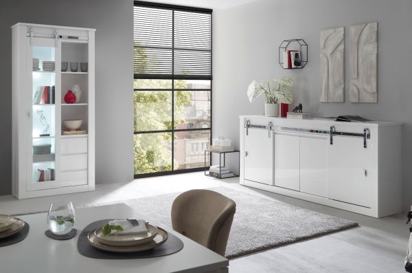 Vitrine Miami in wei� Hochglanz Vitrinenschrank 93 x 201 cm, Soft-Close