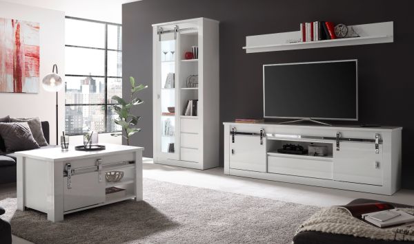 Vitrine Miami in wei� Hochglanz Vitrinenschrank 93 x 201 cm, Soft-Close