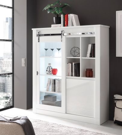 Vitrine Miami in wei� Hochglanz Vitrinenschrank 133 x 153 cm, Soft-Close