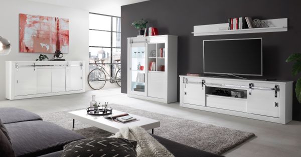Vitrine Miami in wei� Hochglanz Vitrinenschrank 133 x 153 cm, Soft-Close