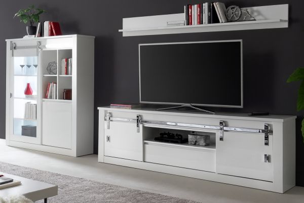 Wohnwand Miami in wei� Hochglanz Wohnkombination 3-teilig 349 x 170 cm, Soft-Close