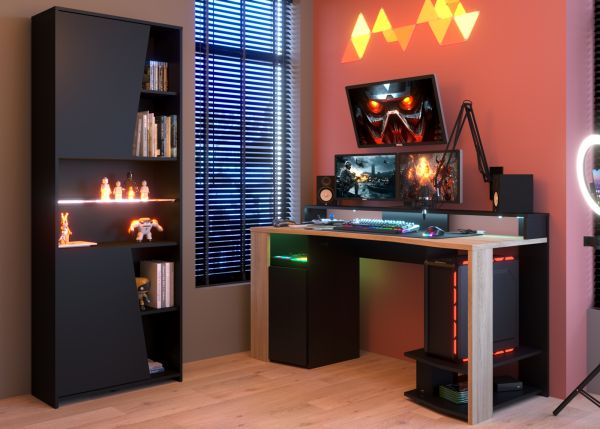 Parisot Gaming Set Meta Schwarz und Eiche Gamingtisch und Schrank inkl. LED mit Farbwechsel