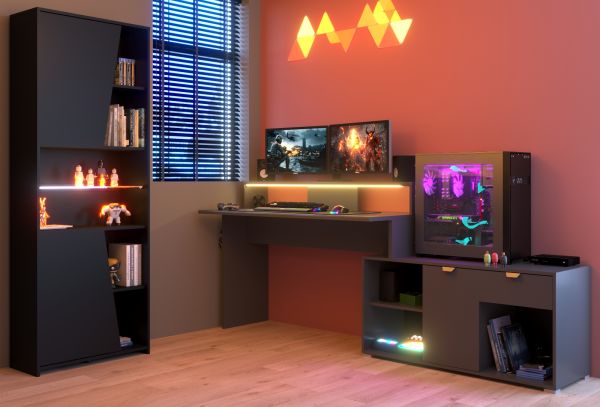 Parisot Gaming Set Work in schwarz und grau Gamingtisch und Schrank inkl. LED mit Farbwechsel
