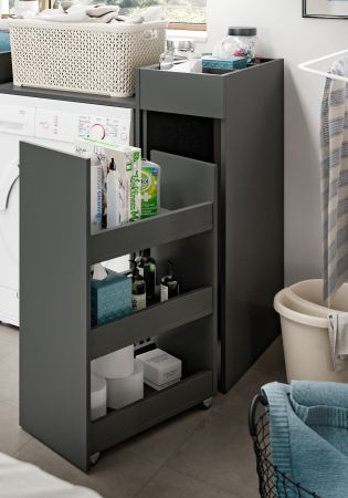 Badezimmer Kommode Flexy in grau Anstellregal mit Apothekerauszug 29 x 101 cm
