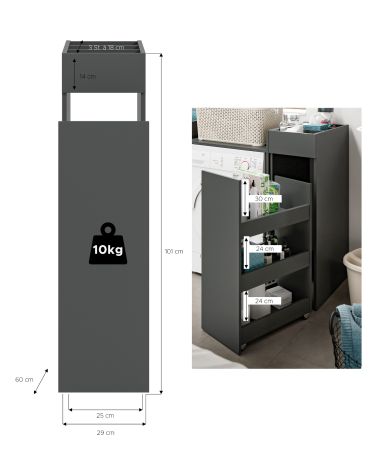 Badezimmer Kommode Flexy in grau Anstellregal mit Apothekerauszug 29 x 101 cm