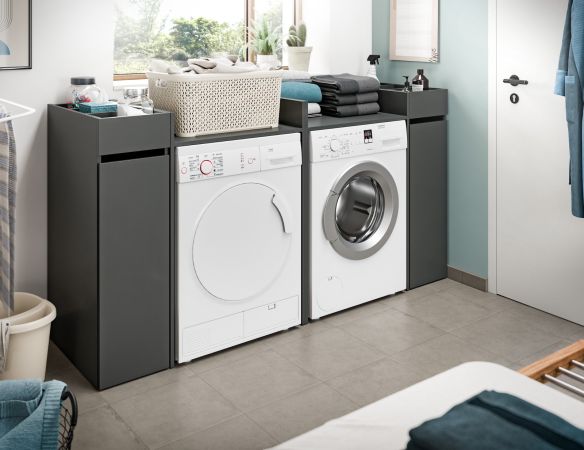 Badezimmer Kommode Flexy in grau Anstellregal mit Apothekerauszug 29 x 101 cm