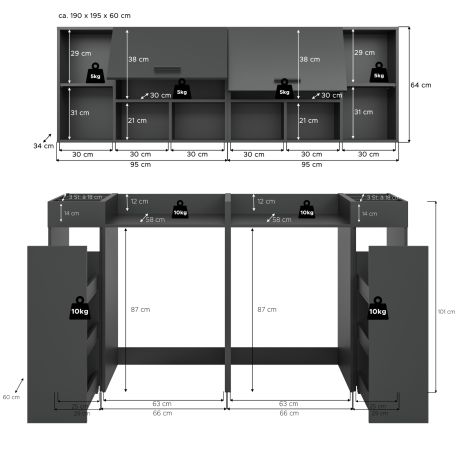 Waschmaschinenschrank Flexy in grau Set 6-teilig 190 x 195 cm