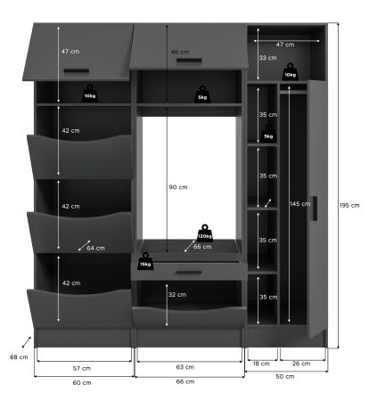 Waschmaschinenschrank Flexy in grau Set 3-teilig 176 x 196 cm