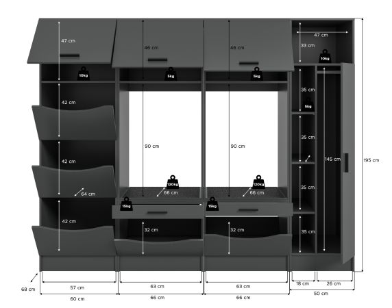 Waschmaschinenschrank Flexy in grau Set 4-teilig 242 x 196 cm
