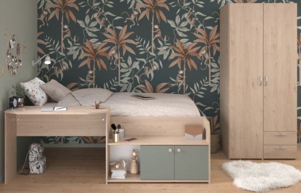 Parisot Kinder- und Jugendzimmer Matre in Eiche mit Gr�n Set 2-teilig, Stauraumbett und Kleiderschrank