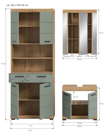 Badm�bel Set 3-teilig Shawn in Salbei und Artisan Eiche Badkombination 149 x 191 cm