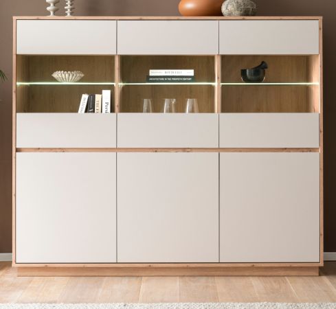 Highboard Kiruma in Kaschmir und Artisan Eiche Vitrine 164 x 138 cm, Soft-Close