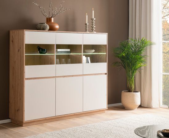 Highboard Kiruma in Kaschmir und Artisan Eiche Vitrine 164 x 138 cm, Soft-Close