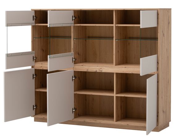 Highboard Kiruma in Kaschmir und Artisan Eiche Vitrine 164 x 138 cm, Soft-Close