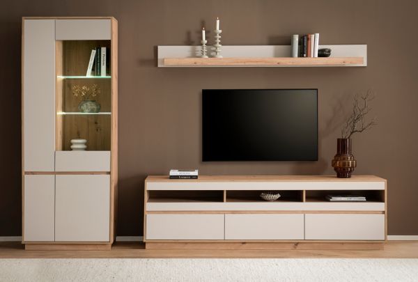 Wohnwand Kiruma in Kaschmir und Artisan Eiche Wohnkombination 3-teilig 292 cm, Soft-Close
