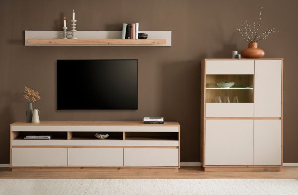Wohnwand Kiruma in Kaschmir und Artisan Eiche Wohnkombination 3-teilig 292 cm, Soft-Close