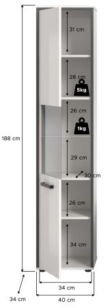 Badezimmer Hochschrank Telly in wei� Hochglanz und grau Badschrank 40 x 188 cm
