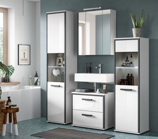 Badezimmer Hochschrank Telly in wei� Hochglanz und grau Badschrank 40 x 188 cm