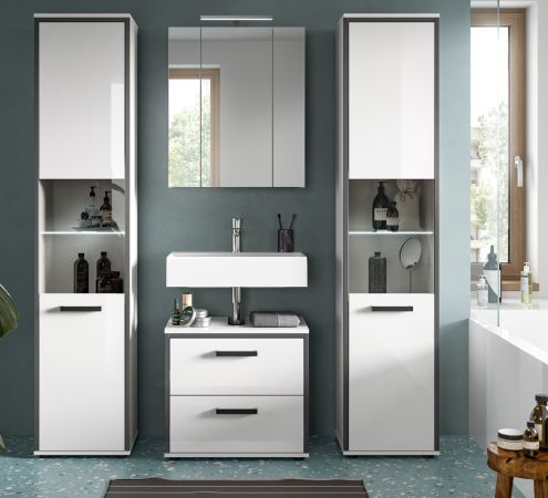 Badezimmer Hochschrank Telly in wei� Hochglanz und grau Badschrank 40 x 188 cm