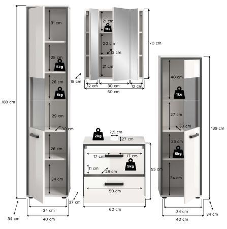 Badm�bel Set 4-teilig Telly in wei� Hochglanz und grau Badkombination 170 x 188 cm