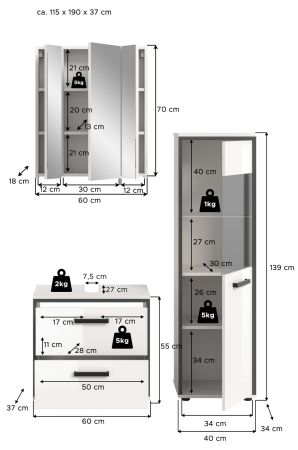 Badm�bel Set 3-teilig Telly in wei� Hochglanz und grau Badkombination 115 x 190 cm