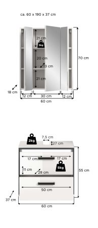 Badm�bel Set 2-teilig Telly in wei� Hochglanz und grau Badkombination 60 x 190 cm