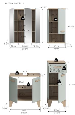 Badm�bel Set 4-teilig Luna in gr�n und Eiche Badkombination skandinavisch 109 x 190 cm