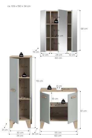 Badm�bel Set 3-teilig Luna in gr�n und Eiche Badkombination skandinavisch 109 x 190 cm