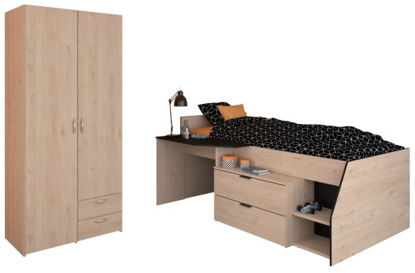 Parisot Kinder- und Jugendzimmer Milky in Eiche Jackson und schwarz Set 2-teilig mit Stauraumbett und Kleiderschrank