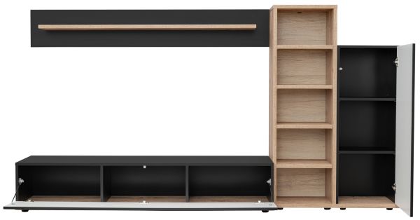 Wohnwand Lester in Grau und Wotan Eiche Schrankwand 240 cm, Push-to-Open