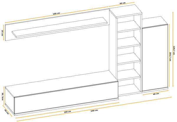 Wohnwand Lester in Schwarz und Eiche, Schrankwand 240 cm mit Push-to-Open