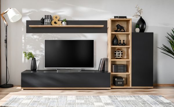 Wohnwand Lester in Schwarz und Eiche, Schrankwand 240 cm mit Push-to-Open