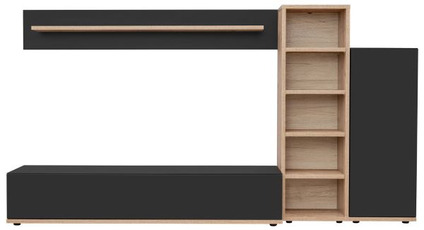 Wohnwand Lester in Schwarz und Eiche, Schrankwand 240 cm mit Push-to-Open